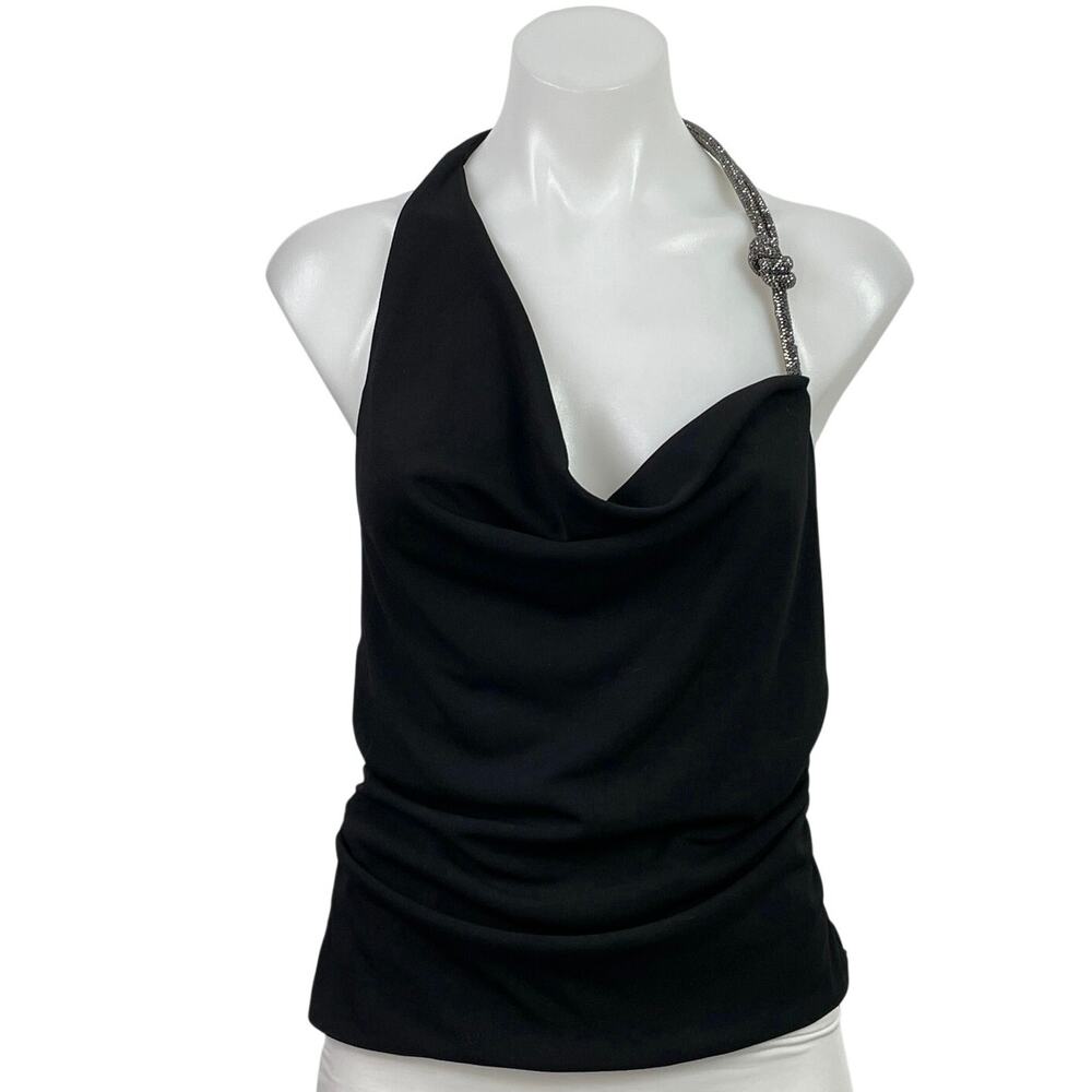 NEW Zara Black Halter Cowl Neck Silver Glitter Strap Open Back Blouse Top Size S